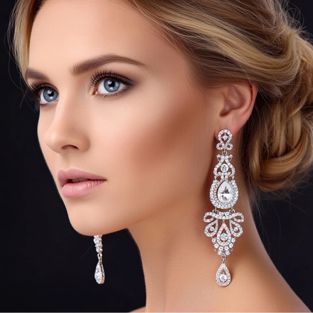 Rhinestone Statement Earrings Long Chandelier, Br… - image 3